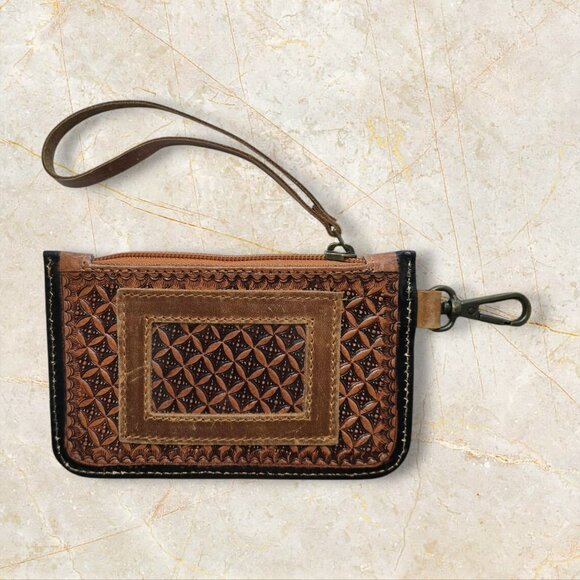 Leather Coin Purse/Wristlet w/Flower Design & Turquoise Leaves- LWCP-Leather-001 - Picture 2 of 4